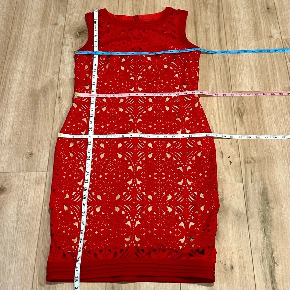 Tadashi Shoji Red Laser Cut Suede Sheath Knee Length Dress Size medium - Picture 11 of 16